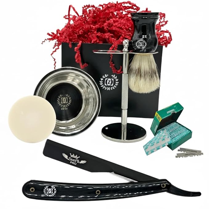 Straight Razor Shave 6 piece Gift Set for Men Vintage | Kit de Afeitado Clásico 6 en 1 | Navaja Cucchillas Barber Razor, Stainless Steel Stand, Shaving Brush, Bowl & 100 Blades
