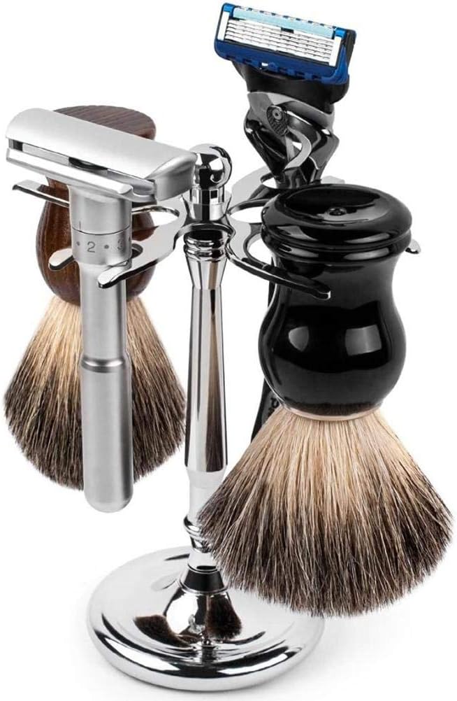 4 Prong Razors and Shave Brush Stand, Shaving Brush Holder Stand Tool, Shaving Accessories for Man, Holder, Holds 2 Double Safety Razors and 2 Shave Brushes (4 Holes)
