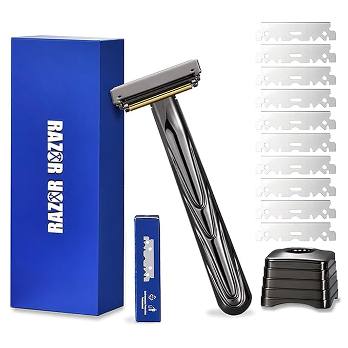Men's Safety Razor with Black Double Stainless Steel Blades - 2 Half Flexible Blades for Smooth Gliding Shave & Beard Care (Black)