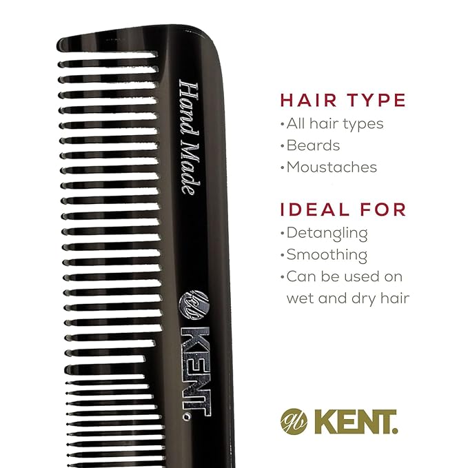 Kent OT Black Graphite Pocket Comb - Handmade Fine and Wide Tooth Hair Comb for Men, Women, and Kids - Travel, Beard, and Mustache Comb - Saw Cut and Hand Polished Made in England