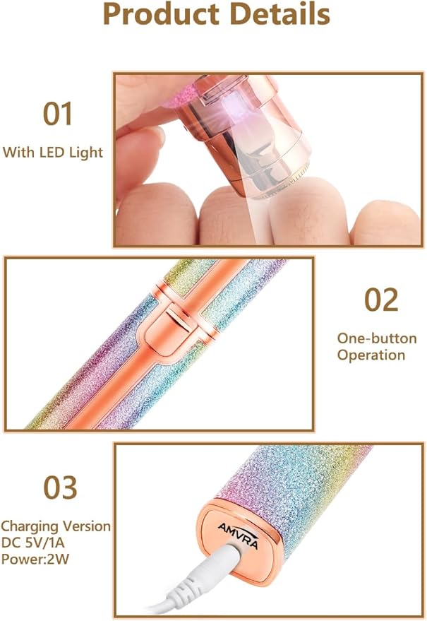 AMVRA 2-in-1 Facial Hair Removal for Women, Rechargeable Eyebrow & Nose Hair Trimmer, Painless Face Shaver for Lip, Chin & Eyebrow with Built-in LED Light, USB Rechargeable Facial Hair Remover