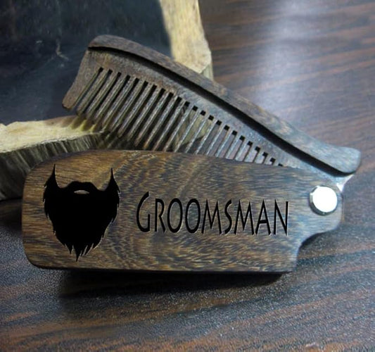 Personalized Beard Comb for Men, Laser Engraved Wooden Folding Hair Comb, Custom Folding Pocket Comb for Moustache Beard & Hair, Premium Handcrafted Wood (Dark Sandal)