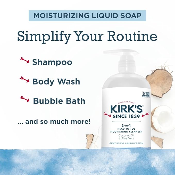 Kirk's 3-in-1 Head to Toe Nourishing Liquid Cleanser- for Men, Women & Children - Premium Coconut Oil & Aloe Vera- Non GMO & Vegan -Original Fresh Scent - 32 Fl Oz
