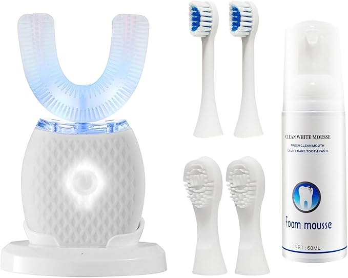Smart U-Shaped Ultrasonic Toothbrush for Adults: 360° Full Mouth Cleaning with Auto Rotation, Smart Pressure Sensor & LED Light, Includes Foam Mousse, 4 Brush Heads and Charging Base (white)