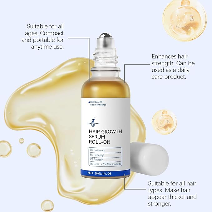 30ml Hair Growth Serum Roll-On for Thinning Hair – Stimulates Follicles, Strengthens Roots & Boosts Density with Rosemary & Biotin – Non-Greasy Scalp Treatment for Men and Women
