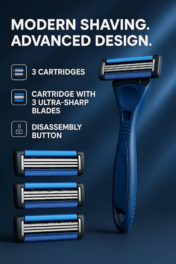 Men’s Razor System – Pivoting Triple-Blade Handle with Aloe Lubricating Strip, Nano-Coated Blades, Anti-Slip Grip + 4 Replacement Cartridges
