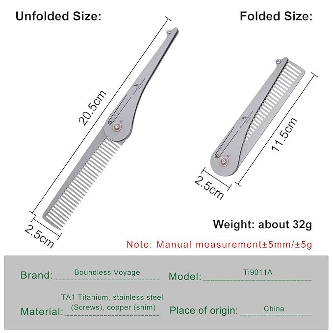 Boundless Voyage Titanium Hair Styling & Beard & Mustache Folding Pocket Comb, Portable EDC Accessories for Men and Women (Ti/9011A-D)