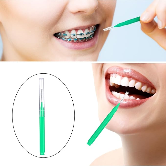 Patelai 100 Pieces Braces Brush for Cleaner Interdental Brush Toothpick Dental Tooth Flossing Head Oral Dental Hygiene Flosser Toothpick Cleaners Tooth Cleaning Tool (Green)