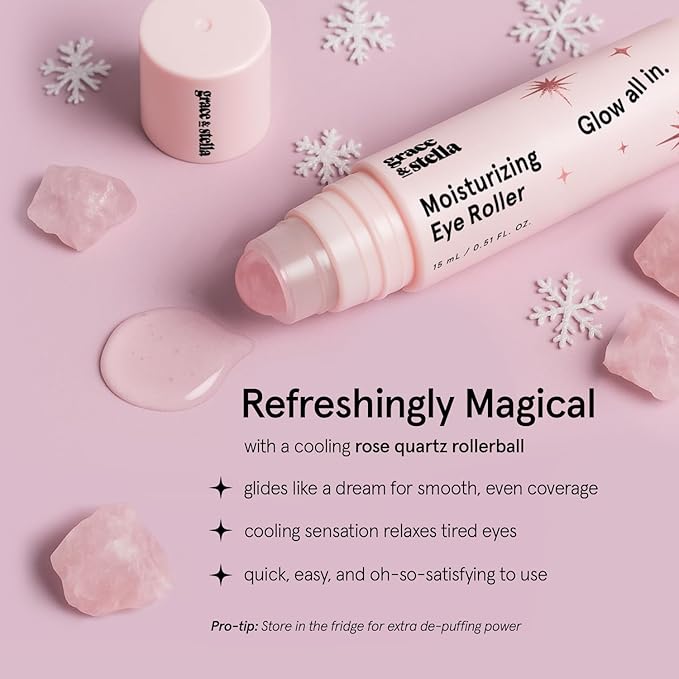 grace & stella Under Eye Brightener with Rose Quartz Rollerball - Hyaluronic Acid & Caffeine Under Eye Serum for Dark Circles & Puffiness - Gifts for Women, Travel Size Toiletries (15ml / 0.51floz)