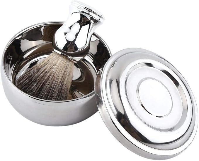 Men's Shaving Set with Alloy Soap Mug Bowl & Lid, Silver Handle Faux Hair Brush, Professional Grooming Kit for Men's Daily Shaving Routine - Complete Wet Shaving Essentials