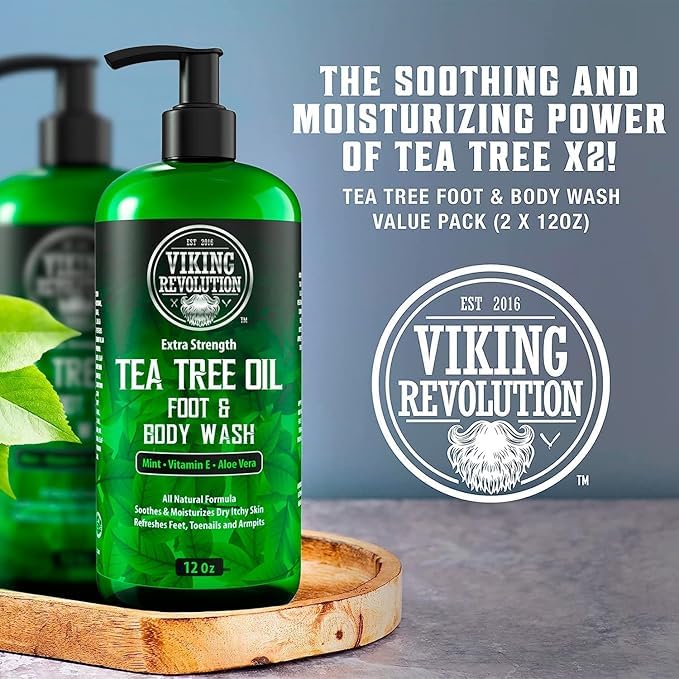 Viking Revolution Tea Tree Oil Body Wash Soap for Men - Helps Athlete's Foot, Toenail, Jock Itch, Eczema, Ringworm & Body Odors - Extra Strength Men's Body Wash (2 Pack)