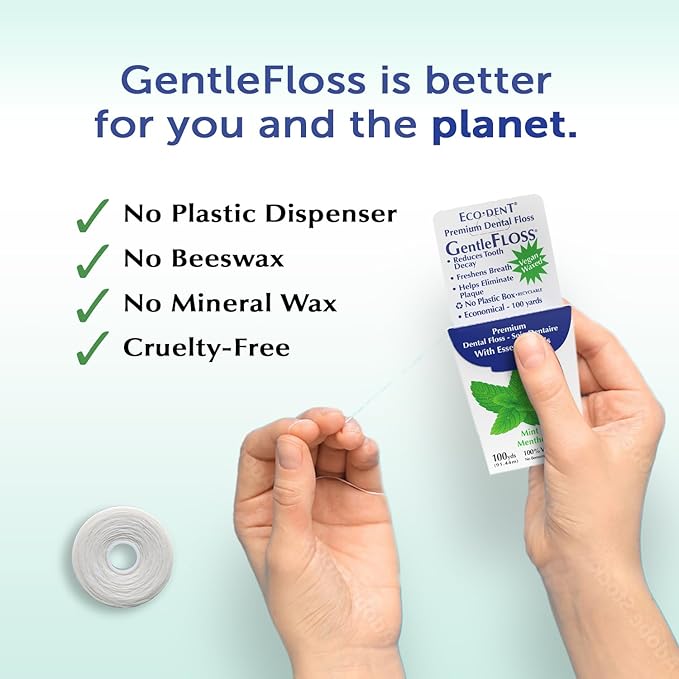 Eco-Dent GentleFloss Dental Floss, Waxed, Mint - Floss with Vegan Plant-Based Wax, Recyclable Cardboard Packaging, 100 Yds Ea (Pack of 2)
