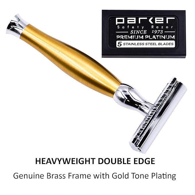 Parker 48R Heavyweight 3-Piece Double Edge Razor – Matte Gold Finish with 5 Premium Platinum Double Edge Razor Blades - Delivers a Barber Shop Quality Shave
