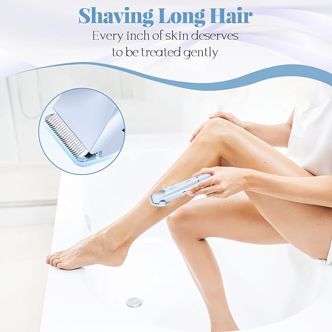 Bikini Trimmer for Women, 2-in-1 Painless Electric Razor with Ceramic Blade, Cordless for Sensitive Skin, Waterproof Dual Head Shaver Women for Facial and Body (Blue)