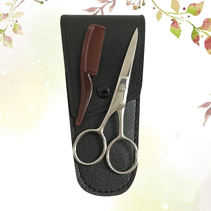Amosfun Stainless Steel Eyebrow Scissors 2pcs Set Black Beard Trimming Mustache Grooming Shears for Precision Facial Hair Care