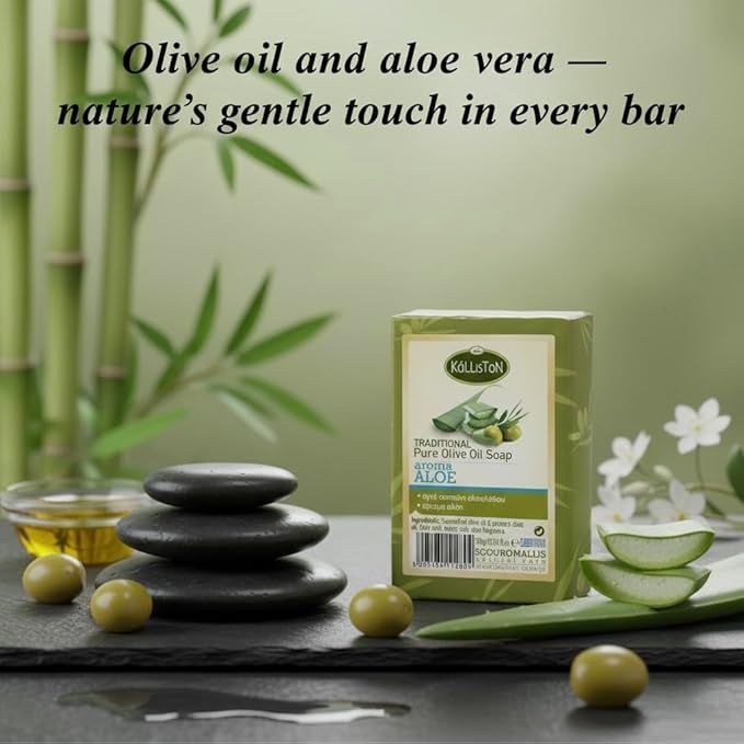 Kalliston, Aloe Extract Herbal Soap Bar, Greek Olive Oil, Hydrating and Moisturising, All Skin Types, Pack of 3 and 1 Soap Dish