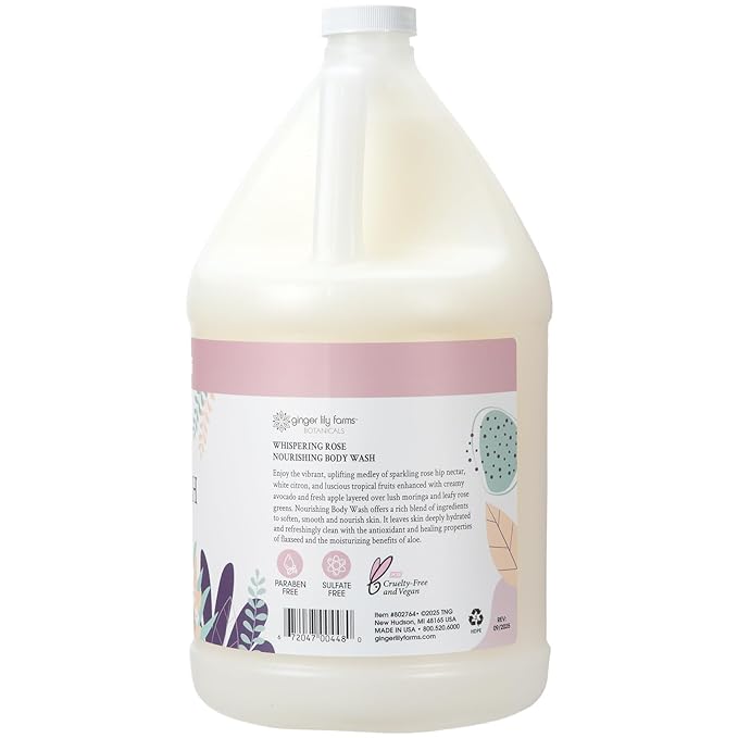 Ginger Lily Farms Botanicals Nourishing Body Wash, 100% Vegan & Cruelty-Free, Whispering Rose Scent, 1 Gallon (128 fl oz) Refill