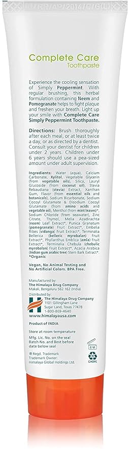 Himalaya Botanique Complete Care Toothpaste with Xylitol and Neem, Peppermint Flavor - Fluoride Free Toothpaste for Clean Teeth & Fresh Breath - Vegan, No Artificial Flavors or Colors, 5.29 oz