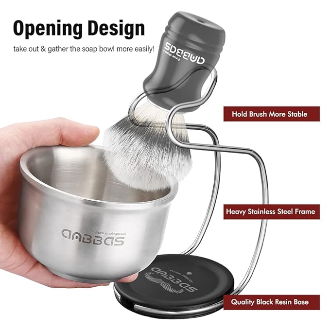 Anbbas Synthetic Badger Shaving Brush Set, 4IN1 Shaving Kit with Stainless Steel Shaving Stand and Lathering Foam Bowl, 3.5OZ Natural Shaving Soap Puck Refill for Men Wet Close Shave