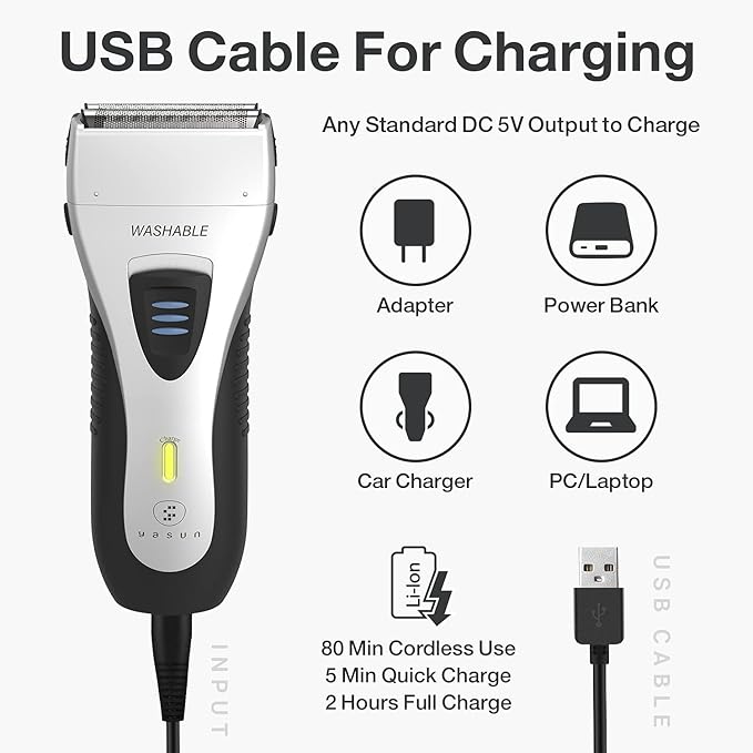 YASUN Foil Shaver - Electric Razor, Wet/Dry IPX7 Waterproof, Pop-up Beard Trimmer, Cordless Rechargeable Mens Razor - YS5800 Silver & Black