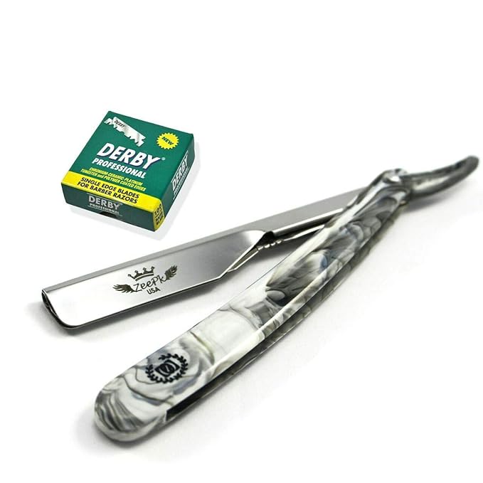 Zeepk Vintage Cut Throat Barber Salon Manual Straight Edge Shaving Razor + 100 Shaving Blades Marble Print