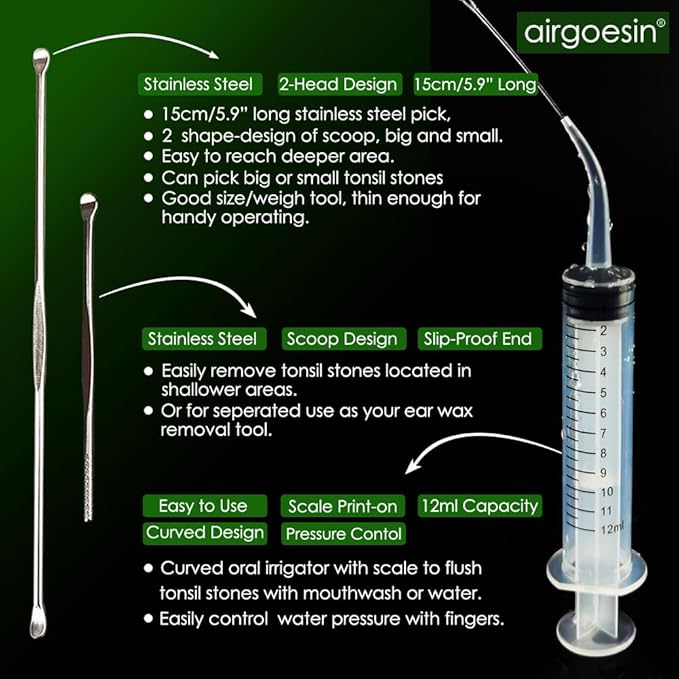 Airgoesin™ Upgraded Tonsil Stone Remover Tool, Blue, 5 Tips, Tonsillolith Pick Case + 1 Irrigator Fresh Breath Oral Rinse