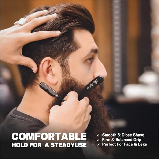 Professional Straight Edge Barber Razor – 60 Single/30 Double-Sided Stainless Steel Blades for Men & Women, with Leather Case (Silver)