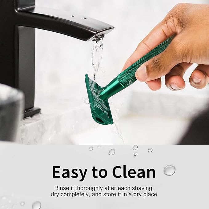 Double Edge Safety Razor, Single Blade Razors for Men and Women, Reusable Metal Razor with 10 Stainless Steel Double Edge Blades, Smooth and Close Wet Shaving, Plastic Free, Green
