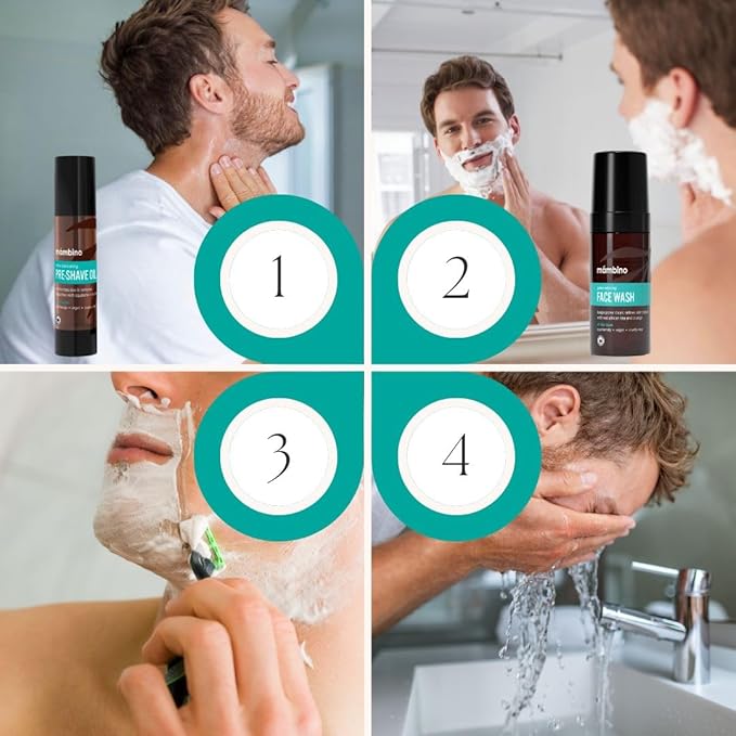 Mambino Organics Clean Shaving Set, Triple Action Shaving Essentials with Tea Tree Shave Oil, Jojoba Oil Pre-Shave, Foaming Cleanser & Face Serum, Vegan & Cruelty-Free Grooming Set, 7.5 fl oz