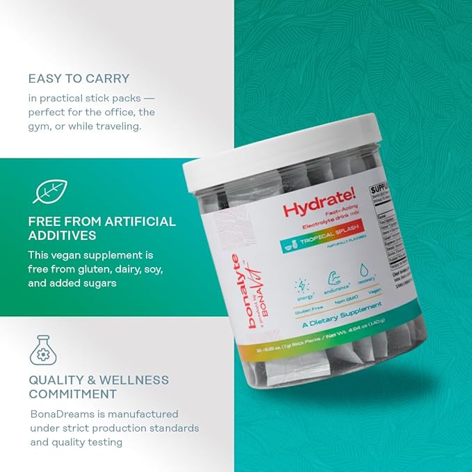 Electrolytes Powder Packets - 20 Stick Packs - Electrolytes Sugar Free - Tropical Flavour - Instant Hydration Packets - Running Essentials - Gluten Free, Non-GMO - BonaLyte