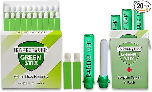 Green Stix + Styptic Pencil Set - 3 Pencils + 20 Aluminum Sulfate Sticks to Block & Stop Bleeding Fast From Razor Shaving Nicks & Minor Cuts - Anti-Bleed Shaving Accessory Men & Women