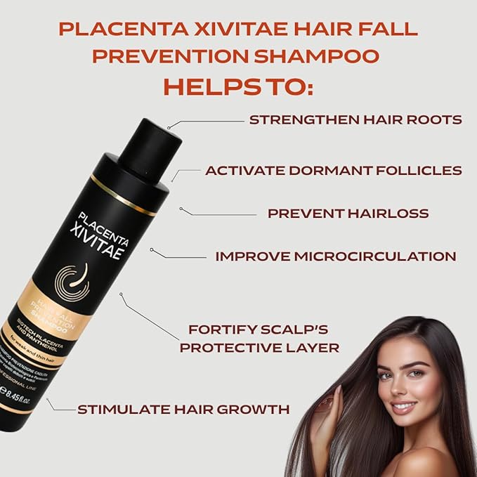 Placenta Hair Loss Shampoo 250ml - Biotech Placenta Hair Growth Shampoo Enriched with Panthenol and Arginine - Advanced Thickening Formula with Proteins and Peptides - Anti Hairloss Treatment