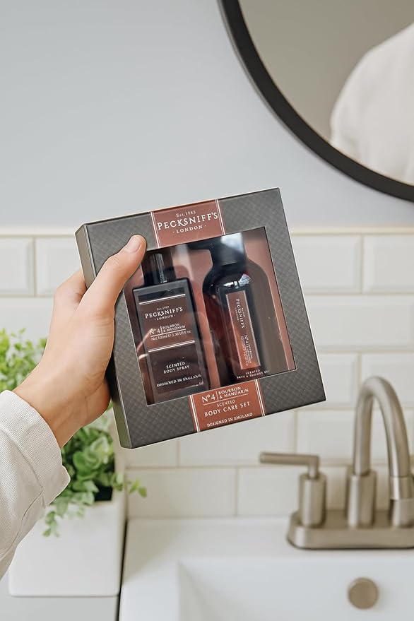 Pecksniff’s Men’s Body Duo Set – Bourbon & Mandarin Scented Bath & Shower Gel 250ml & Body Spray 100ml – Luxury Grooming Gift Set for Him