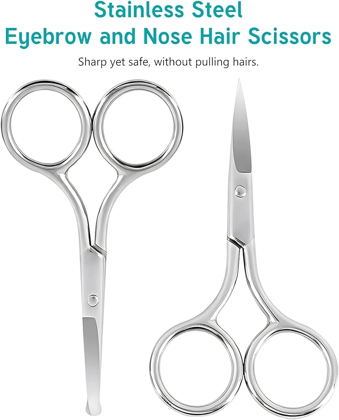 Facial Hair Grooming Scissors for Men & Women: Eyebrow, Nose Hair, Mustache, Beard, Eyelashes, Ear Trimming Kit - Curved & Rounded Safety Tip Clippers - 2PCS Silver.