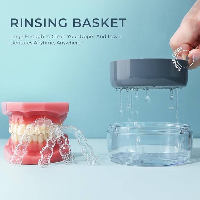 Denture Case, 2-in-1 Retainer Cleaner Case with Mirror & Strainer, Portable Aligner Bath Soaking Cup for Travel, Cute Orthodontic Storage Box for Mouth Guard, Night Guard & False Teeth, Blue