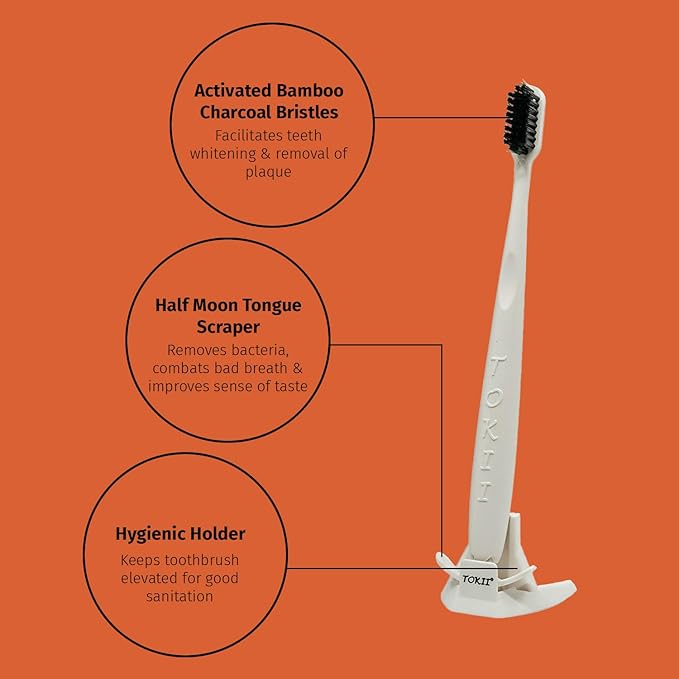 TOKII Tongue Scraper Toothbrush for Adults – Charcoal Soft Bristle Toothbrush with Built-in Tongue Cleaner, Bad Breath Control, Travel Size Toothbrush with Waterproof Pouch (Black, Pack of 1)