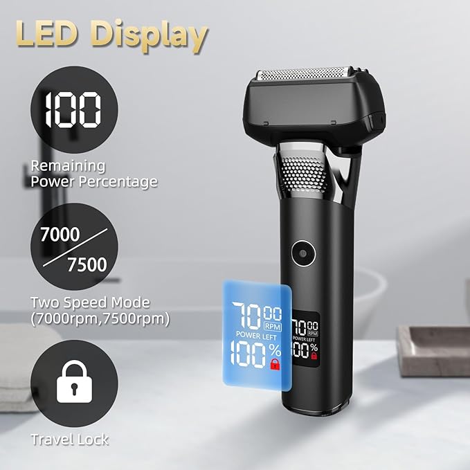 Electric Foil Shavers, Electric Razor for Men with Trimmer, Waterproof 5 Floating Blades for Shaving Face, Cordless Rechargeable USB Type-C, Wet Dry Use/Travel Lock/LED Display