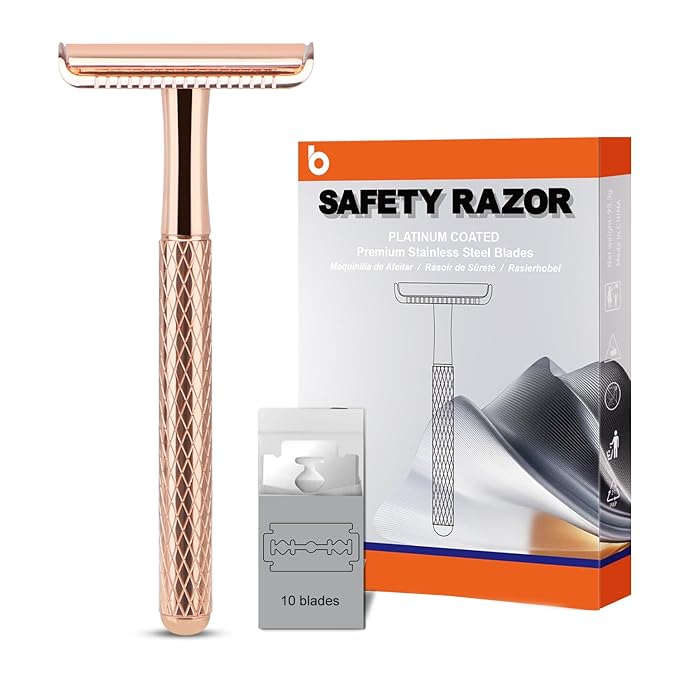 Double Edge Safety Razor, Single Blade Razors with 10 Stainless Steel Safety Razor Blades, Reusable Metal Razor for Men and Women, Plastic Free Shaving, Lightweight & Portable (Shiny Rose Gold)