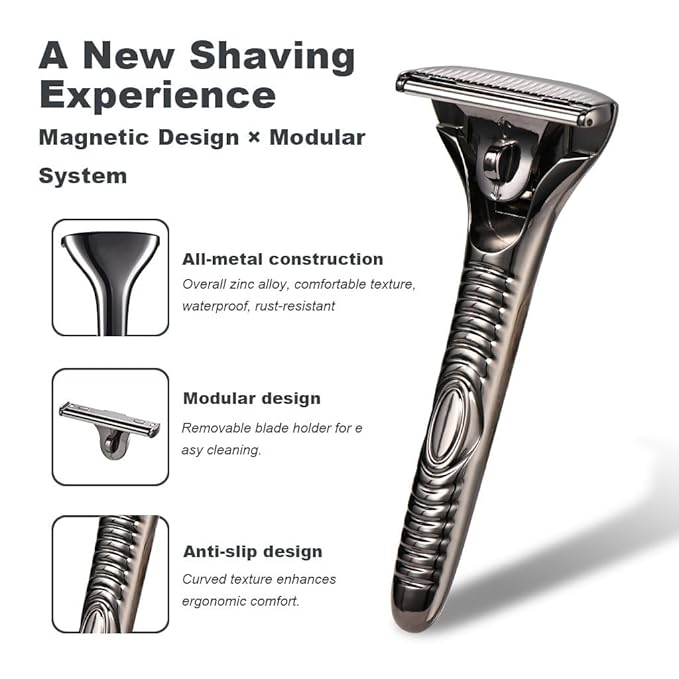 Magnetic Single Blade Razors for Men & Women,Reusable Safety Razor with 360° Rotating Track + 20 Single Edge Razor Blades + Waterproof Silicone Case - Black