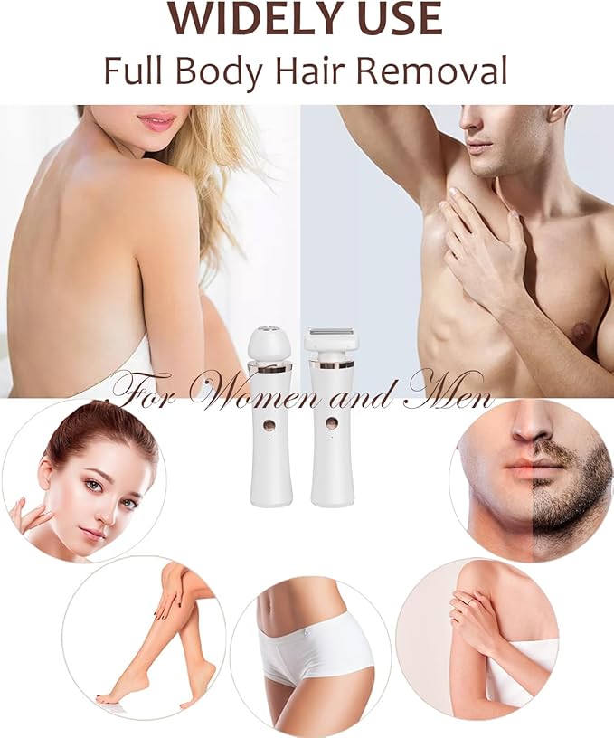 Facial Hair Remover for Women - 2-in-1 Electric Painless Face Hair Removal Shaver Device - Waterproof Face Trimmer & Body Epilator - Rechargeable Razor with 2 Heads for Lips Arms Legs Bikini Body