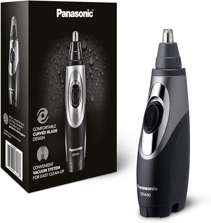 Panasonic Shaver ER430K Nose, Ear and Facial Hair Trimmer Wet/Dry with Vacuum Cleaning System with BluebirdSales Travel Case, Cleaning Cloth and 4 AA Battery Pack