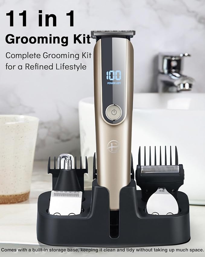 Beard Trimmer for Men - 5 in 1 Kit Electric Razor, Nose Hair Trimmer with LED Display, Cordless Mustache Body Face Grooming Kit, Rechargeable Beard Shaver (Gold)