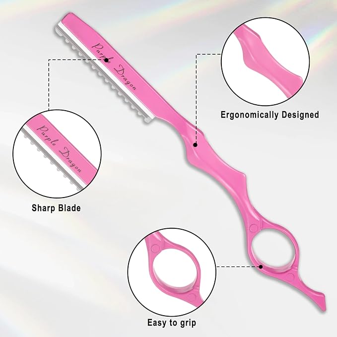 Hair Razors For Cutting Hair 7" Mental Thinning Styling Razors with 10 PCS Sharp Stainless Steel Blades Professional Hairs Styling Tool for Salon and Home (Pink)