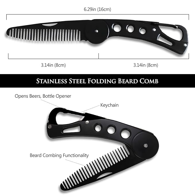 Stainless Steel Folding Beard Comb - Portable Multifunction Anti Static Comb with Leather Cover for Men Grooming, Combing Hair, and Mustache Styling