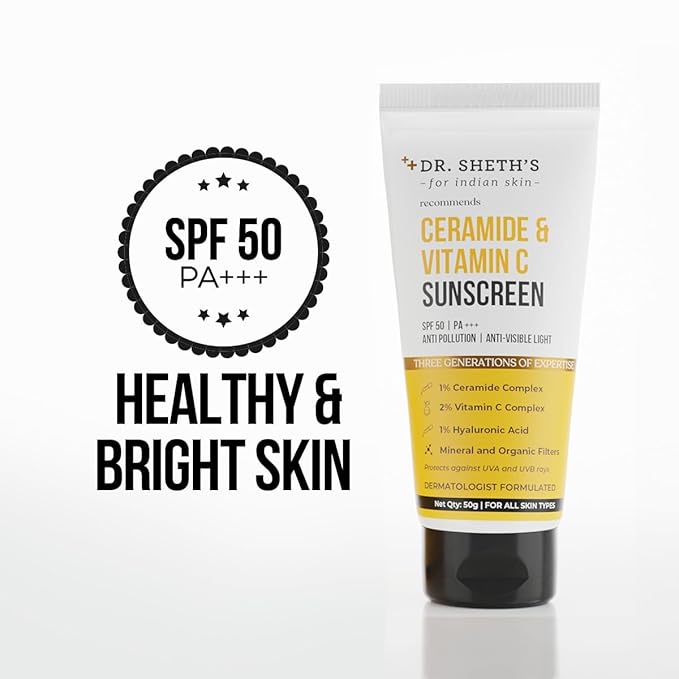 Dr. Sh.eth's Ceramide & Vitamin C Sunscreen | SPF 50+ Pa+++ | In-Vivo Tested | For Bright Skin & Healthy Glow | UVA/B & Bluelight Protection | For Men & Women | For All Skin Type | 50 g