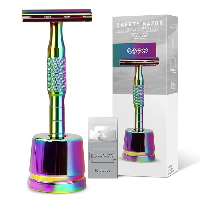 Rainbow Double Edge Safety Razor with Stand, Single Blade Razors for Men and Women, with 10 Safety Razor Blades, Smooth & Close Shave, Plastic Free