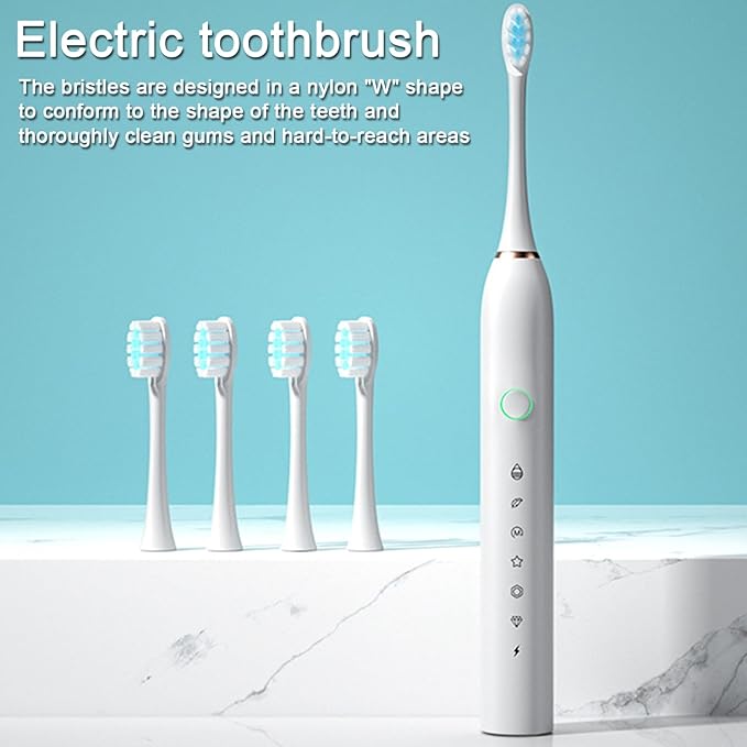 Electric Toothbrush with 4 Brush Heads 6 Modes Smart Timers IPX7 Waterproof USB Rechargeable 42000VPM Adults Toothbrush Set Travel Toothbrush Rechargeable Portable 4 Brush Heads White