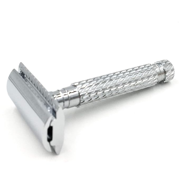 Parker 94R “Hefty” Double-Edge Safety Razor with Standard-Length Handle + 5 Premium Blades – Chrome-Plated Brass, Three-Piece Design, Balanced Weight for Classic Wet Shaving