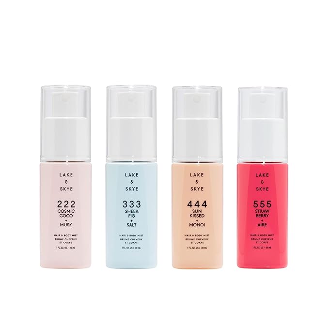 Lake & Skye Limited Edition Hair & Body Mist Discovery Set, 4 x 1 OZ, 222 Cosmic Coco + Musk, 333 Sheer Fig + Salt, 444 Sunkissed + Monoi, 555 Strawberry + Aire, Vegan, Paraben-Free