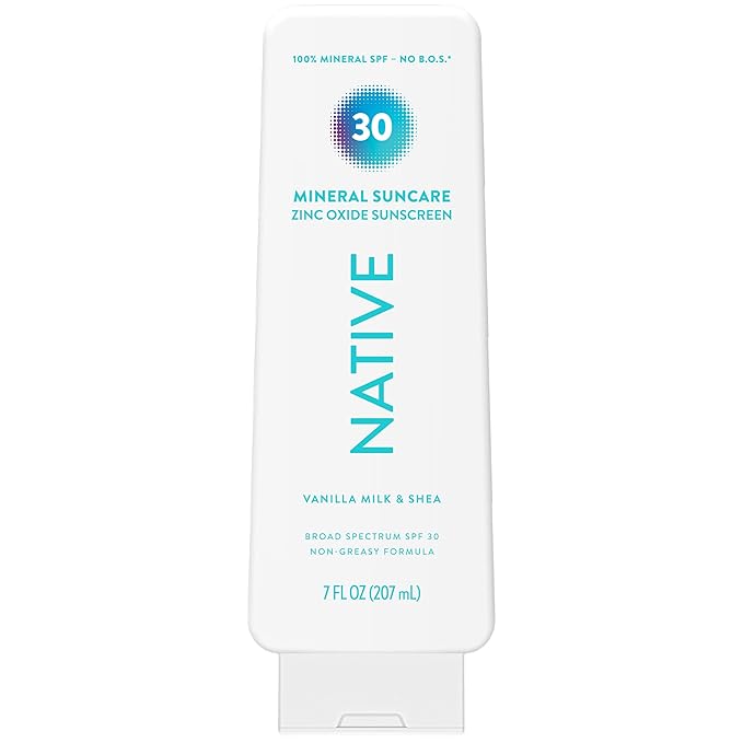 Native Sunscreen Lotion Vanilla Milk & Shea SPF 30, 100% Mineral SPF for Face & Body Broad Spectrum UVA UVB for Men & Women, Suitable for Sensitive Skin & Hawaii Compliant, Lightweight, 7oz